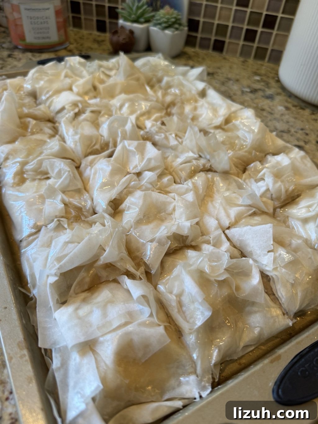 The dish has been cut into squares before it will be baked