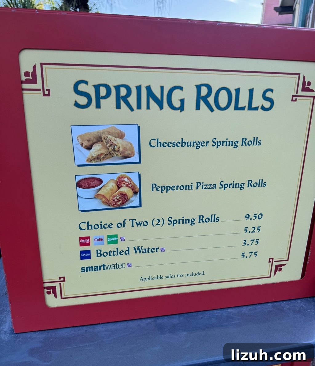 A menu sign for Cheeseburger Spring Rolls and Pepperoni Pizza Spring Rolls