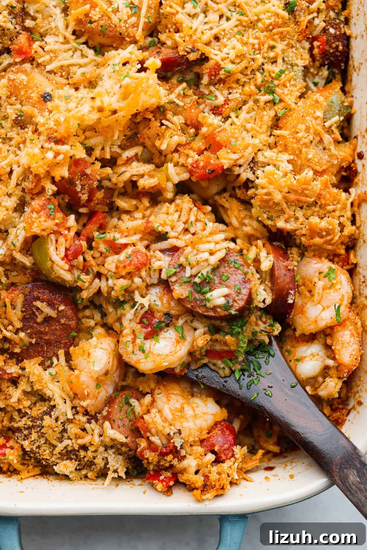 Close up shot of baked Louisiana casserole.