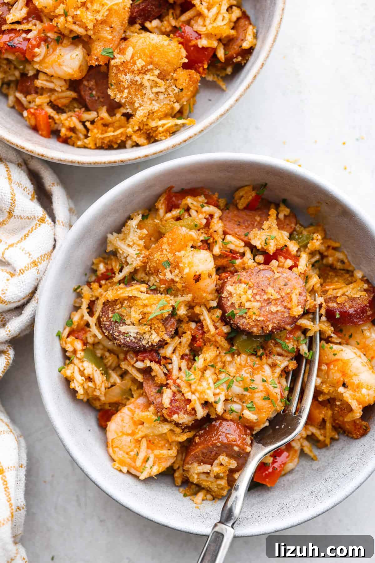 Overhead shot of plated Louisiana casserole.  