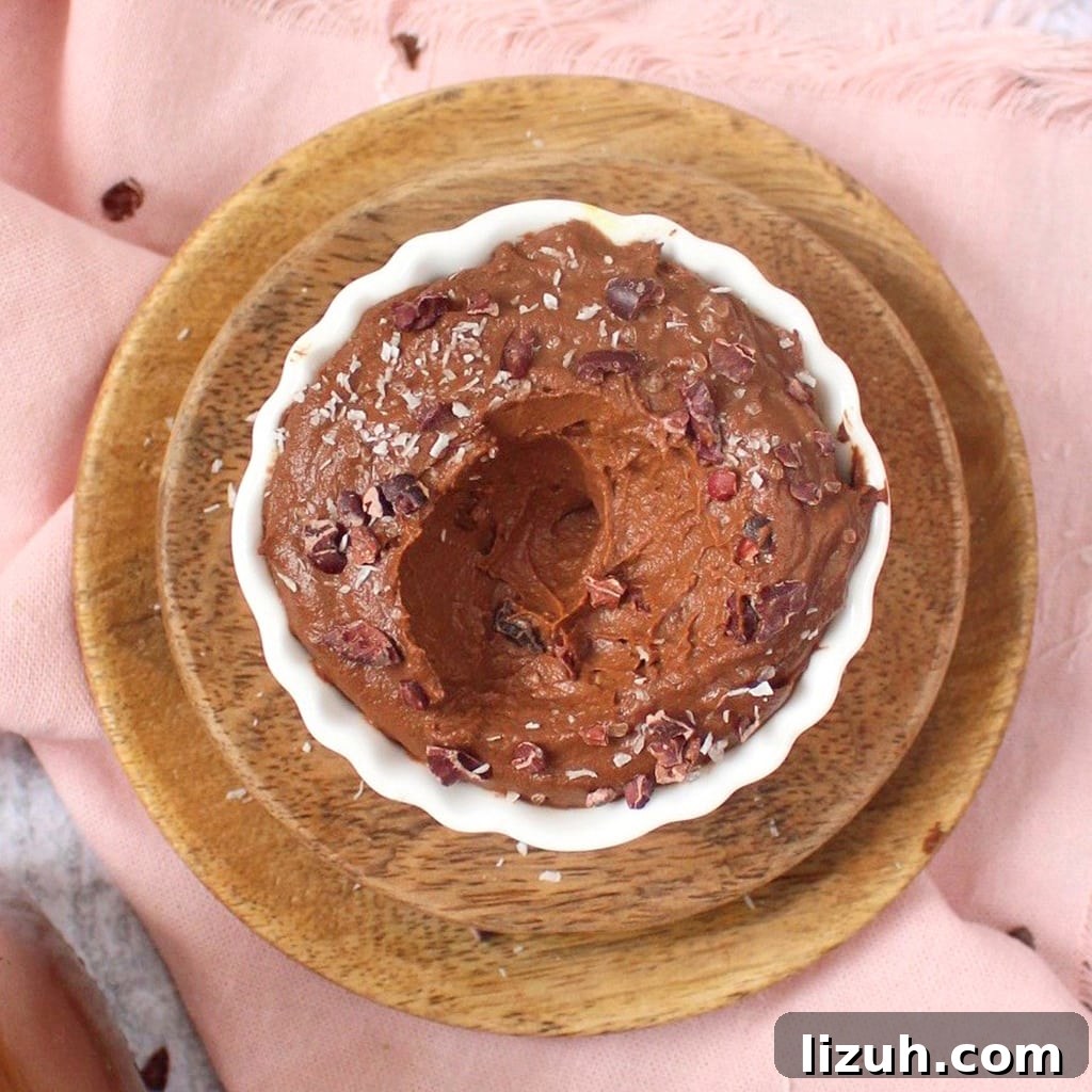 Chocolate Avocado Mousse in a small white bowl from above