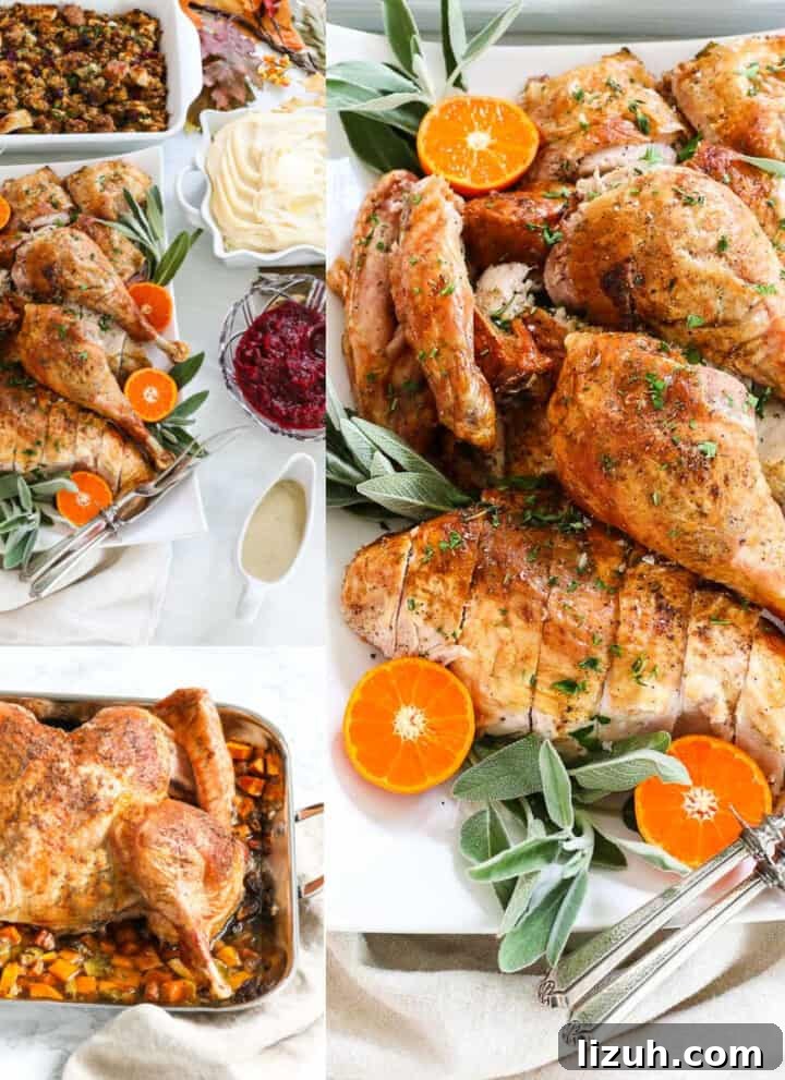 A collage of spatchcock turkey sliced on a platter, with one in a roasting pan, and on a table with side dishes.