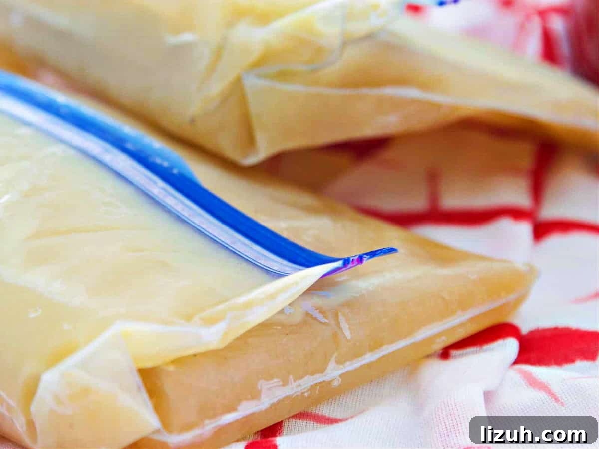Homemade Chicken Bone Broth Recipe: Rich, Slow-Simmered Stock 7 Two large ziptop bags filled with frozen chicken stock ready to use in a recipe.