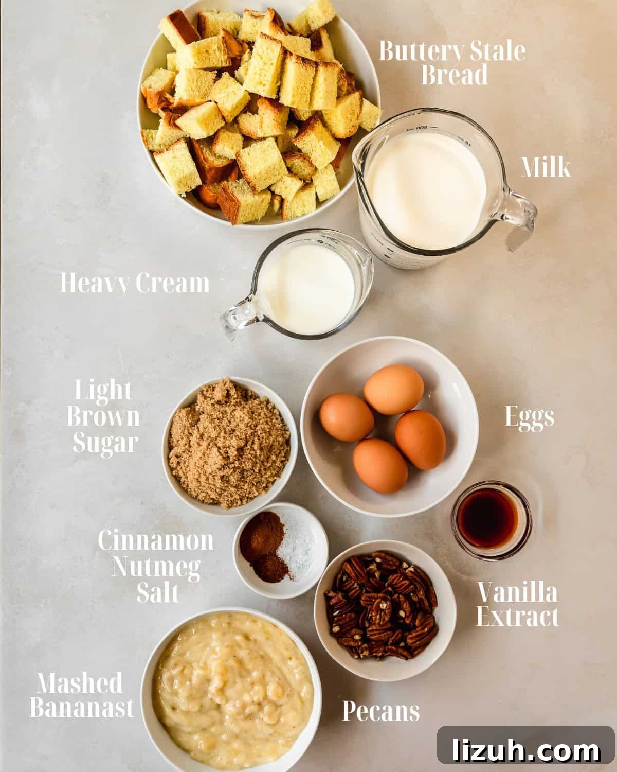 Decadent Banana Bread Pudding Recipe with Caramel Sauce 3 Banana Bread Pudding
Gather day old or stale buttery bread, eggs, mashed bananas, light brown sugar, milk, heavy cream, ground cinnamon and nutmeg, salt, vanilla extract and chopped pecans.