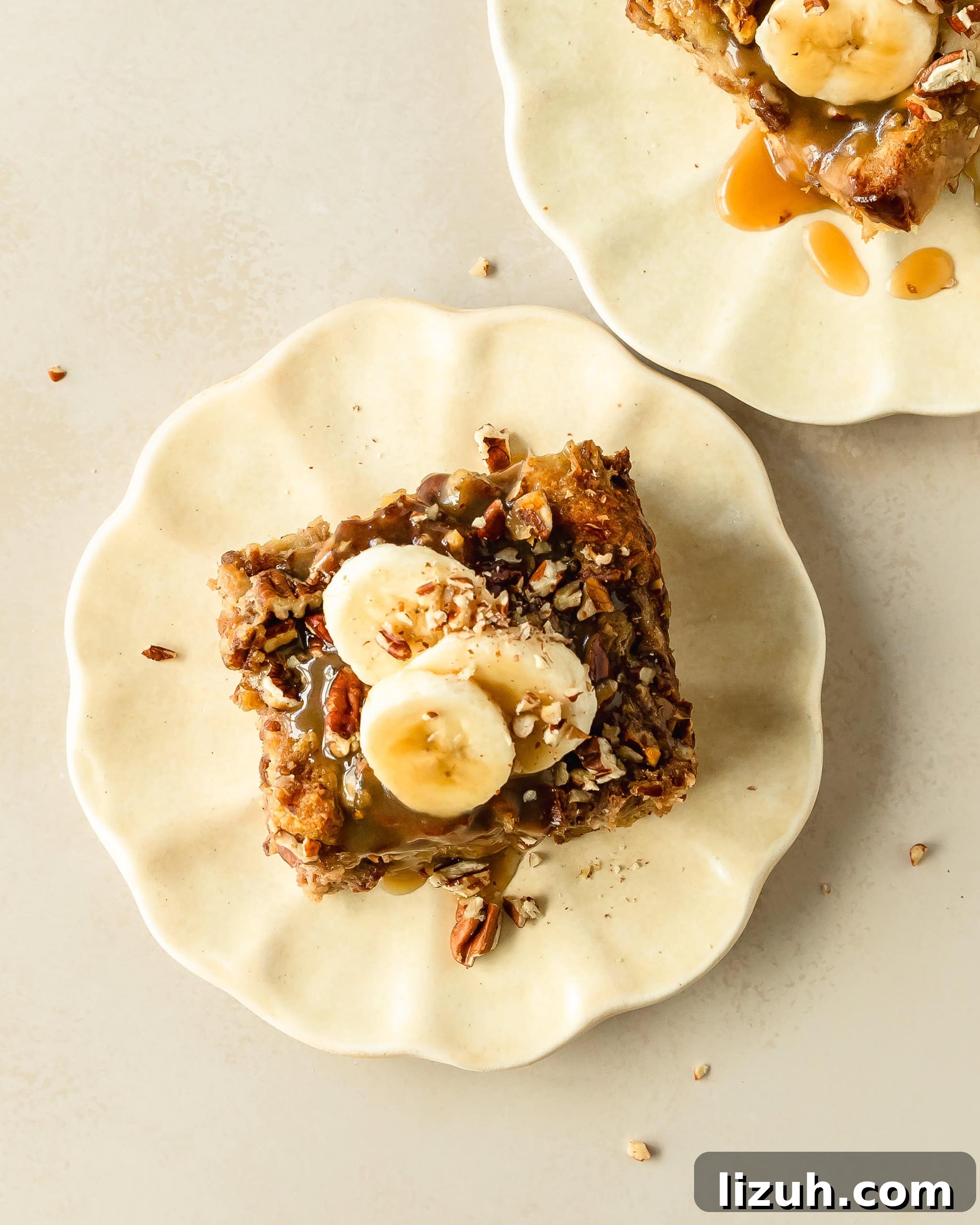 Decadent Banana Bread Pudding Recipe with Caramel Sauce 5 Banana bread pudding is a decadent breakfast or dessert dish made with day old bread soaked in a rich cinnamon banana custard, topped with crunchy pecans. Once baked this bread and banana pudding is topped with salty sweet brown sugar caramel sauce and sliced bananas.