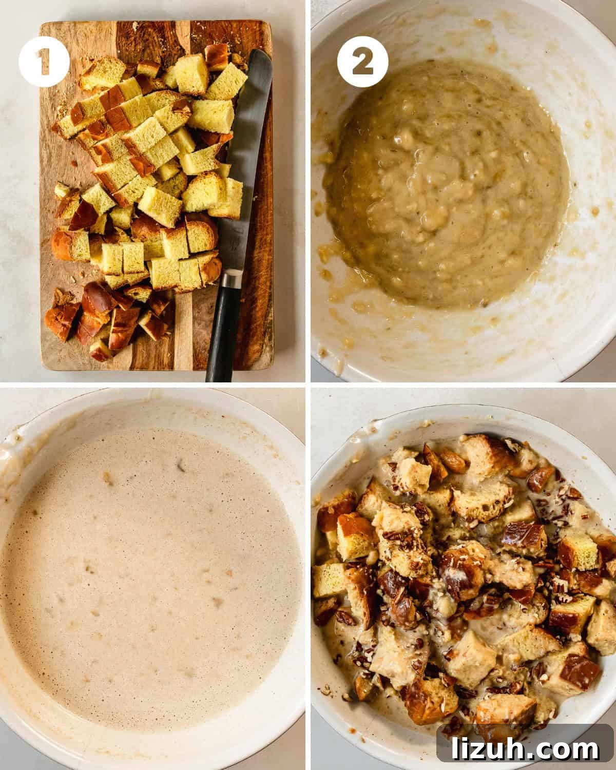 Decadent Banana Bread Pudding Recipe with Caramel Sauce 6 Preheat the oven to 350 F (177 C). Pour a tablespoon (15 ml) of melted butter into the bottom of a 9x13 oven safe casserole dish. Slice day old and stale bread into 1 inch cubes. If the bread isn’t stale enough, toast the slices of bread in a toaster oven or bake in a 350 F oven for about 10 - 15 minutes or until the bread is dried out.
In a large mixing bowl, mash the bananas until smooth with just a few lumps, similar to making banana bread. Then whisk the eggs together with the mashed bananas until well combined. Whisk in the light brown sugar, milk, heavy cream, vanilla extract, salt and the ground spices until well combined. Add the cubed pieces of brioche, challah, french bread or banana bread, as well as half of the chopped pecans into the bowl. Gently mix the bread into the spiced banana custard. Allow the bread pudding mixture to rest and soak in the pumpkin custard while the oven continues to preheat.