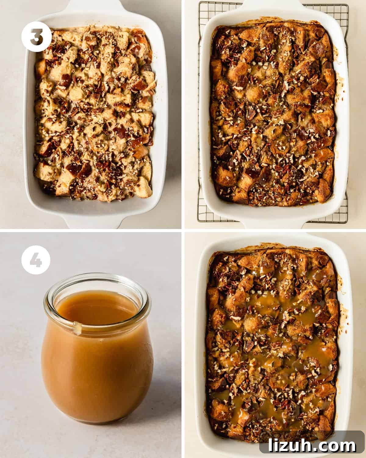 Decadent Banana Bread Pudding Recipe with Caramel Sauce 7 After the oven has preheated for about 30 minutes and the bread has soaked up the banana custard for at least 10 - 15 minutes, transfer the bread pudding into the prepared dish. Top the bread pudding with the remaining chopped nuts. Bake the banana custard bread pudding for 50 - 60 minutes. The center should be puffed up as high as the sides. A toothpick inserted into the center should come out with a few moist crumbs. While the bread pudding bakes, make the caramel sauce.
In a small sauce pan, stir in the light brown sugar, heavy cream, butter and salt until combined. Bring the ingredients to a boil over medium high heat. Stir as frequently as needed to ensure the ingredients are melting evenly and are well combined. Once the ingredients have started boiling, cook and stir constantly for 2 minutes. Remove the sauce from the heat. Cool the homemade brown sugar caramel sauce for about 5 minutes or until warm.
Once the banana bread pudding has finished baking, cool the dish for 10 - 15 minutes before serving. Right before serving, top the bread pudding caramel sauce and more toasted pecans. I highly recommend adding a generous dollop of whipped cream or more sliced bananas as well. The bread pudding can be enjoyed very warm from the oven, at room temperature or chilled from the fridge.