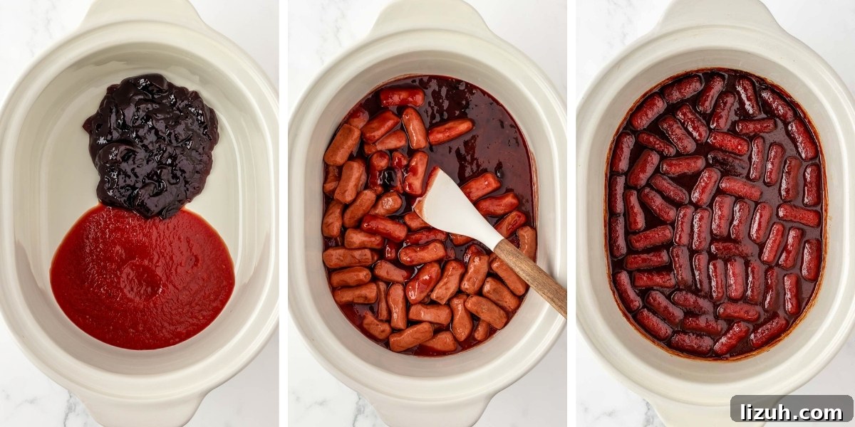 Slow Cooker Little Smokies Recipe: Sweet & Tangy Party Sausages 5 coctail sausages simmering in a crock pot