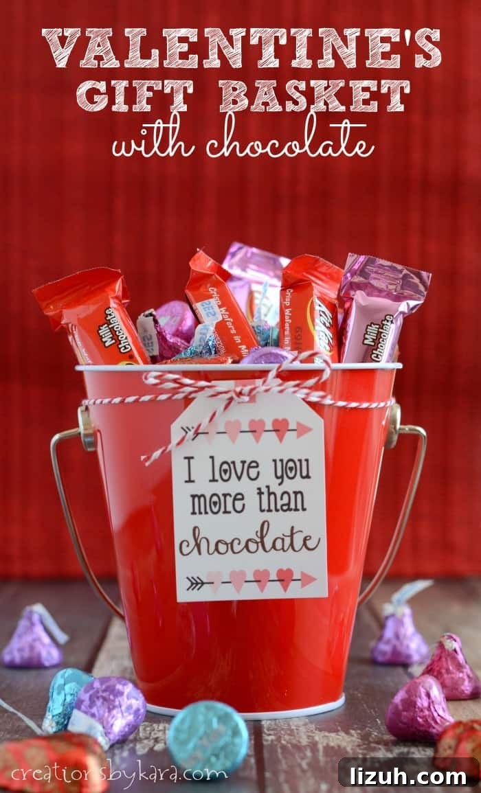 Surprise your loved ones with a Valentines gift basket filled with chocolate. Valentines Day basket with chocolate gift tag