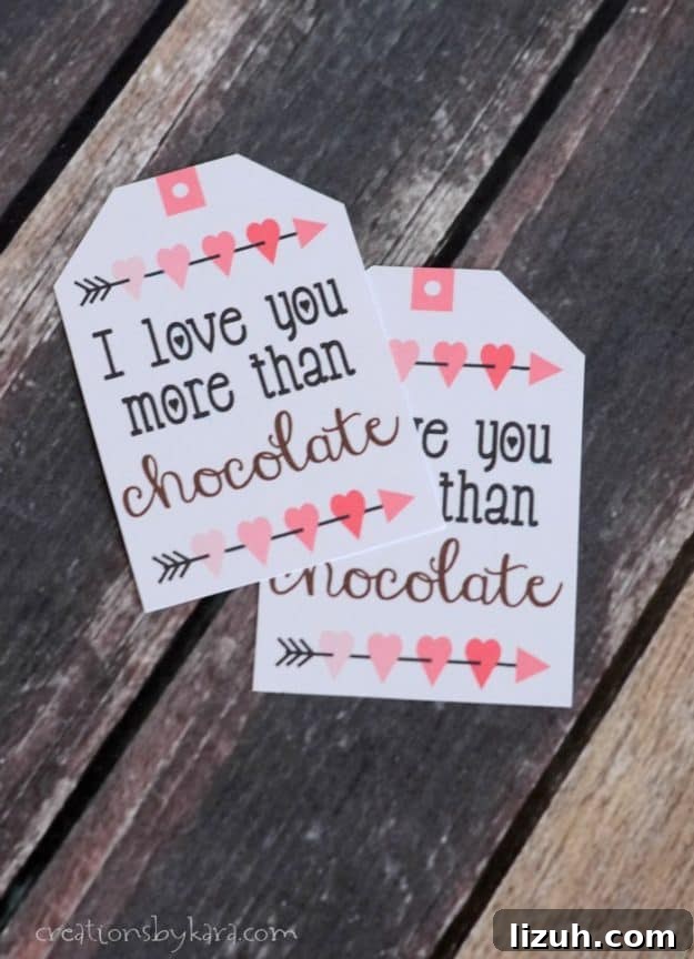 Chocolate Lover's Valentine's Day Gift Baskets with free printable tag. Chocolate Lover's Valentine's Day Gift Tags