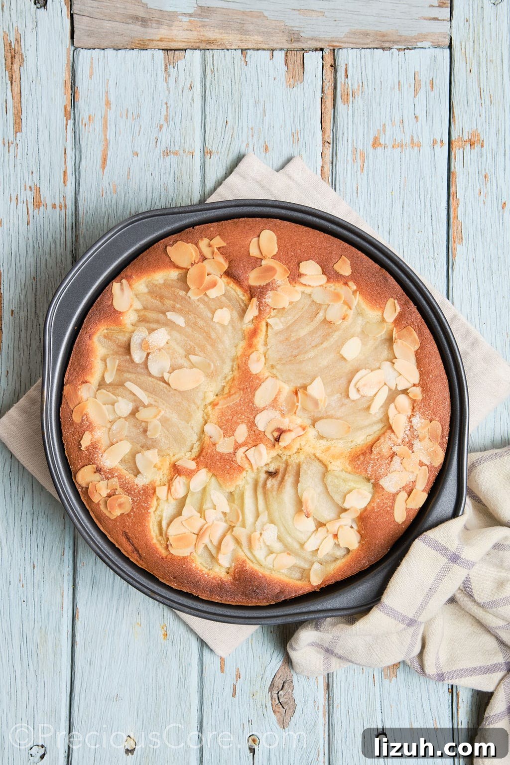 baked pear and almond cake, fresh out of the oven.