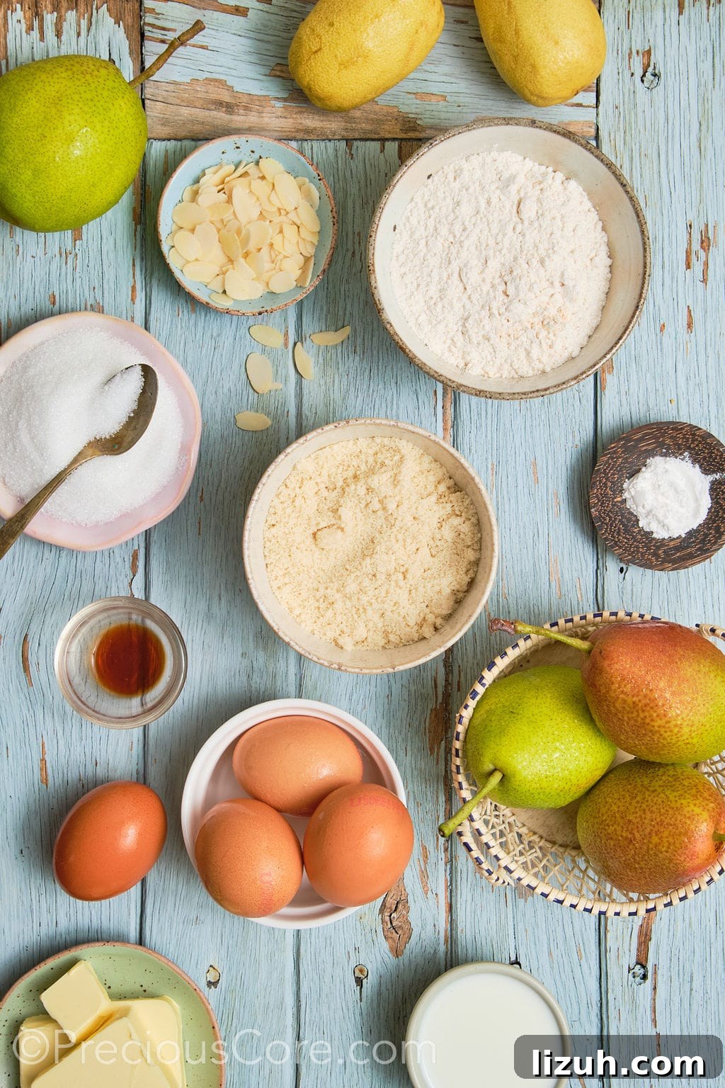 ingredients for the pear almond cake recipe.