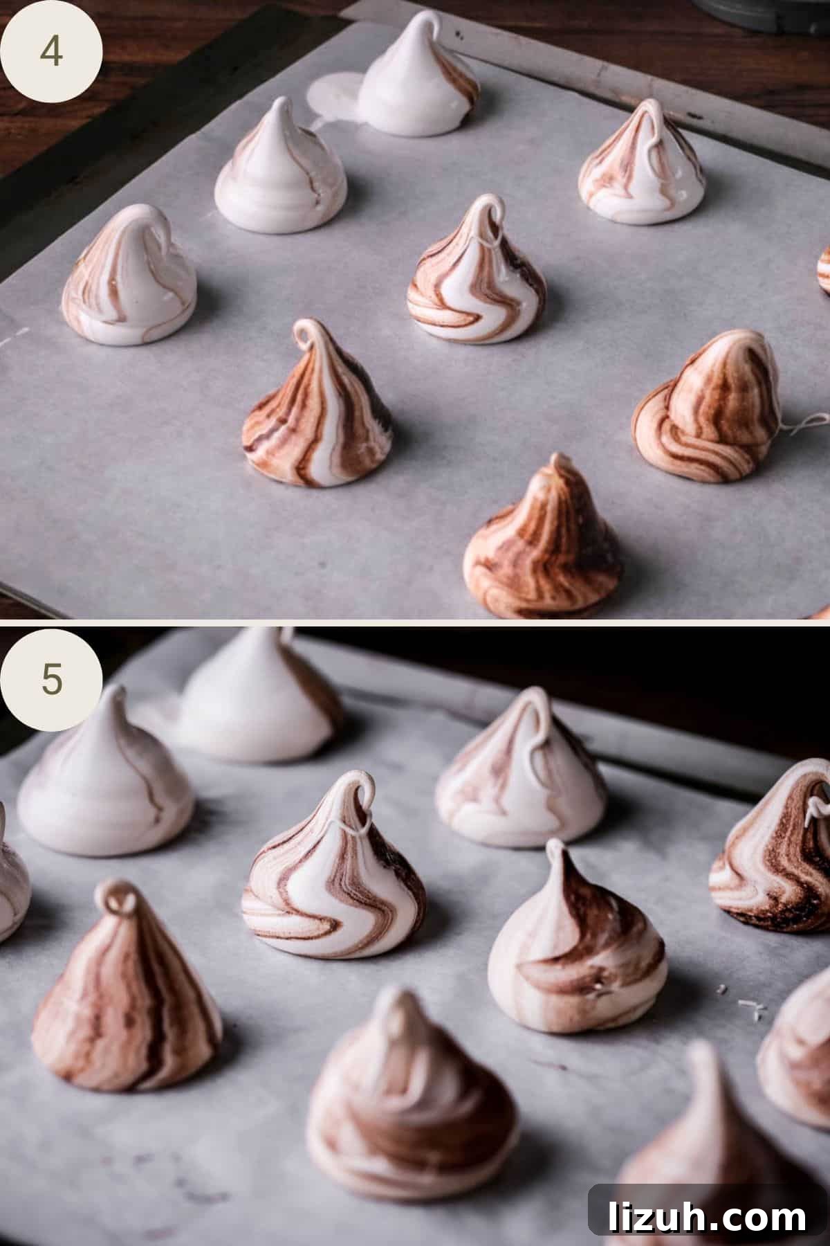 Cocoa Meringue Kisses piped onto large baking sheet, before and after baking.