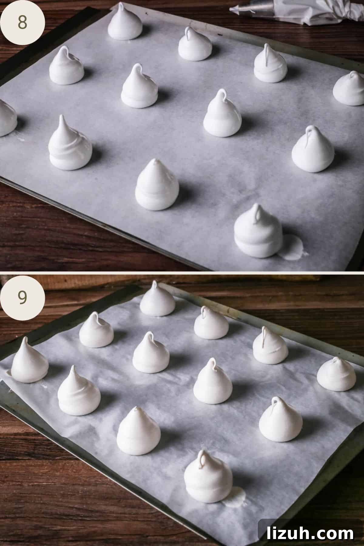 Meringue kisses piped onto large baking sheet, before and after baking.