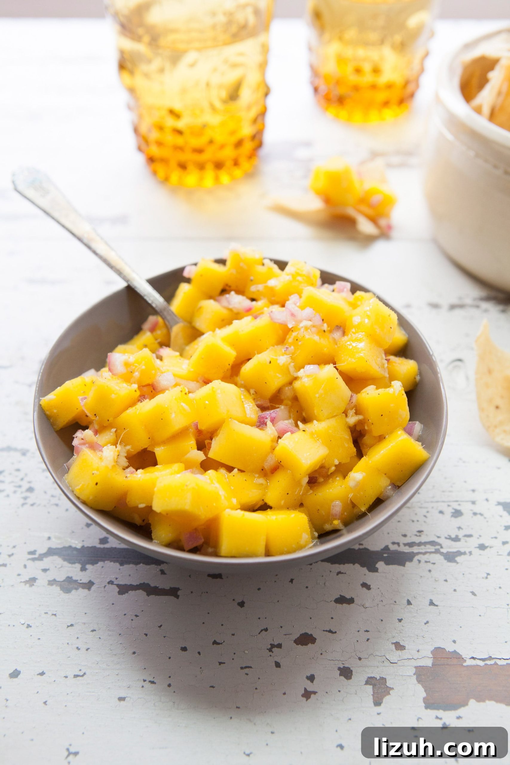 How to Cut a Mango Like a Pro: Quick Step-by-Step Guide 4 Spoon in a bowl of Citrusy Mango Ginger Salsa.
