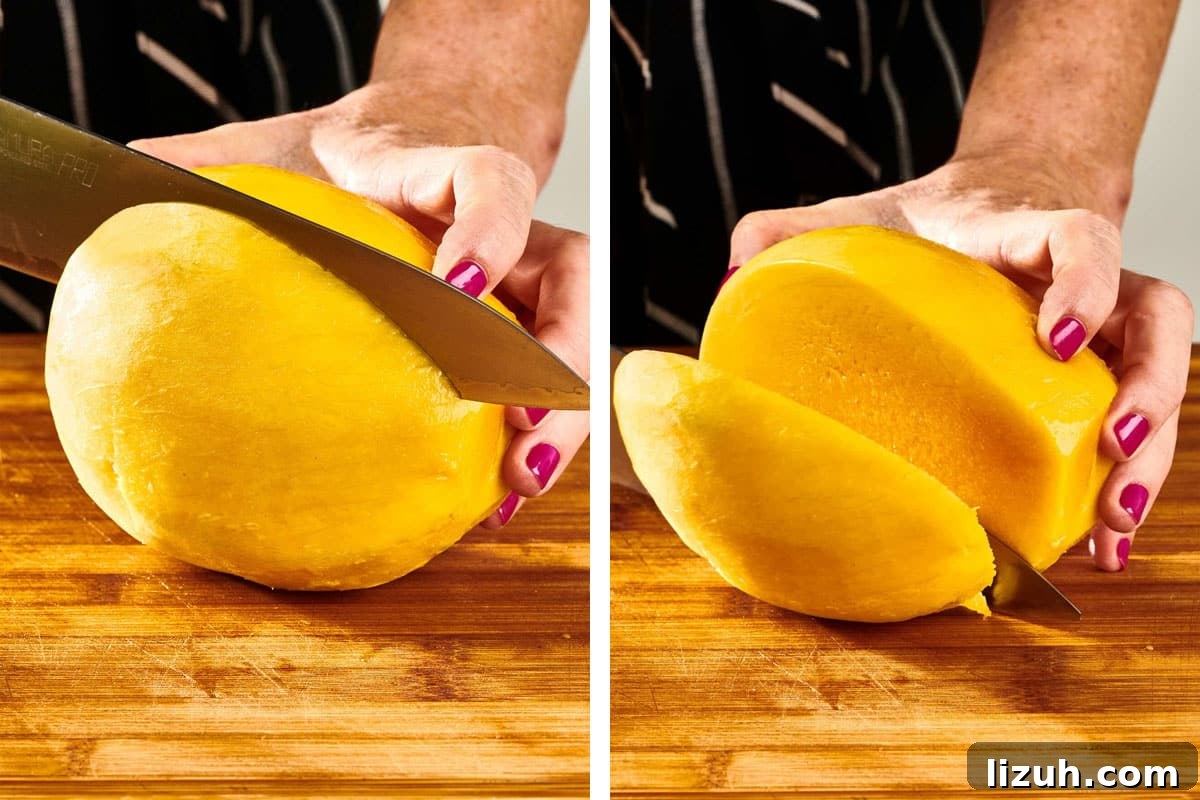 How to Cut a Mango Like a Pro: Quick Step-by-Step Guide 6 Woman cutting peeled mango with knife on cutting board.