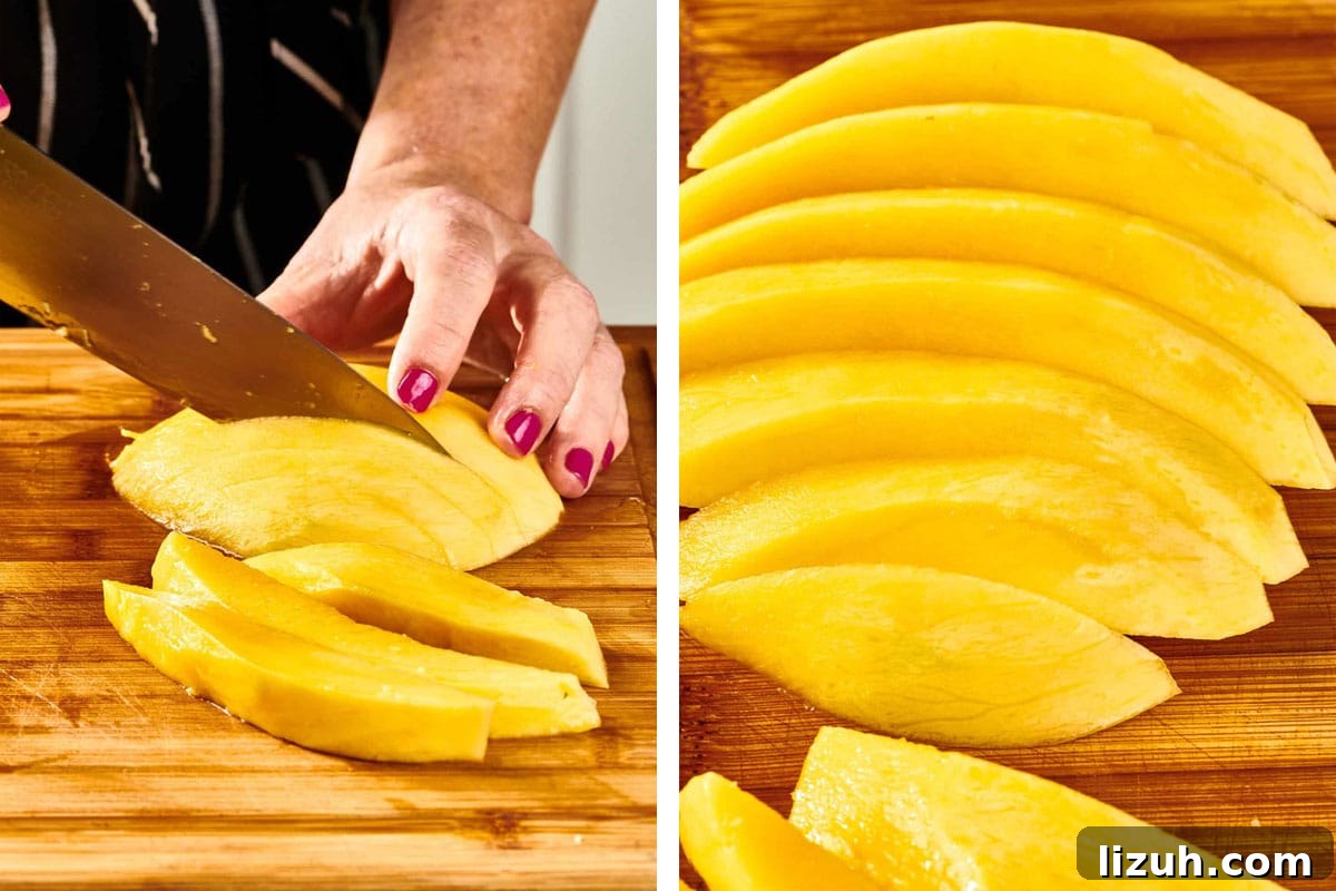 How to Cut a Mango Like a Pro: Quick Step-by-Step Guide 7 Woman cutting mango into slices.