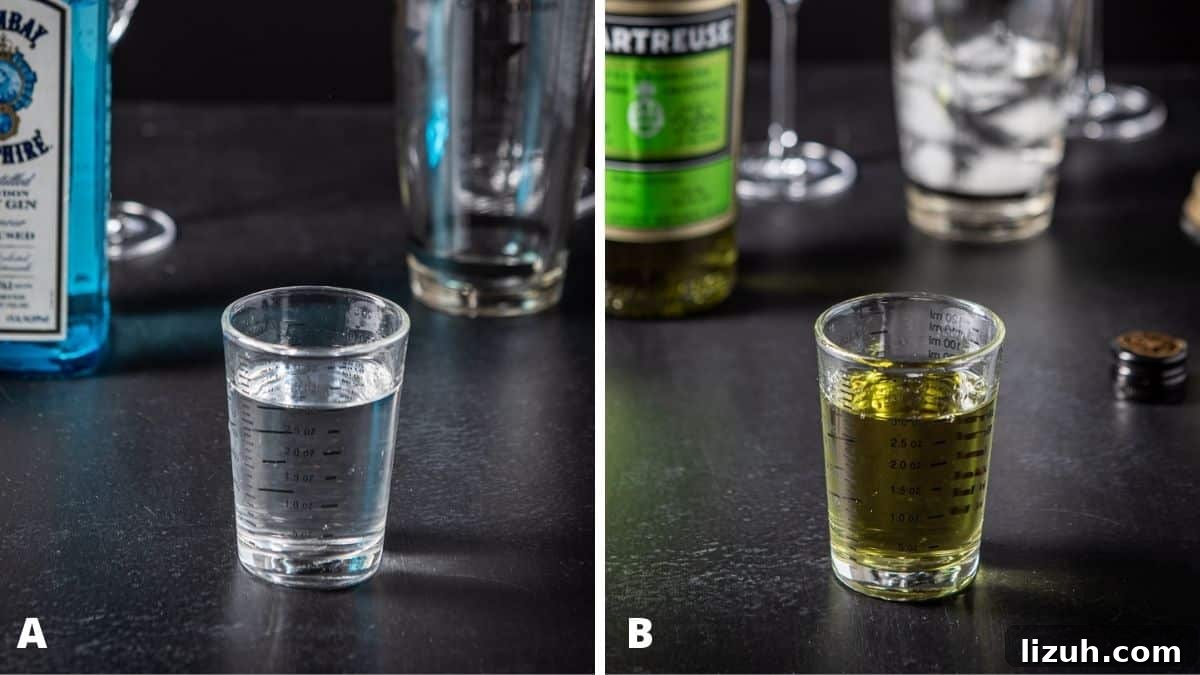 Classic Last Word Cocktail Recipe: How to Mix the Prohibition-Era Drink 5 Gin and Chartreuse measured out with the bottles and shaker in the back
