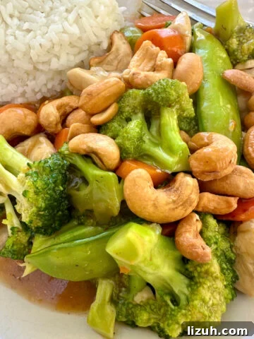 A serving of cashew chicken stir fry with sauce and rice.
