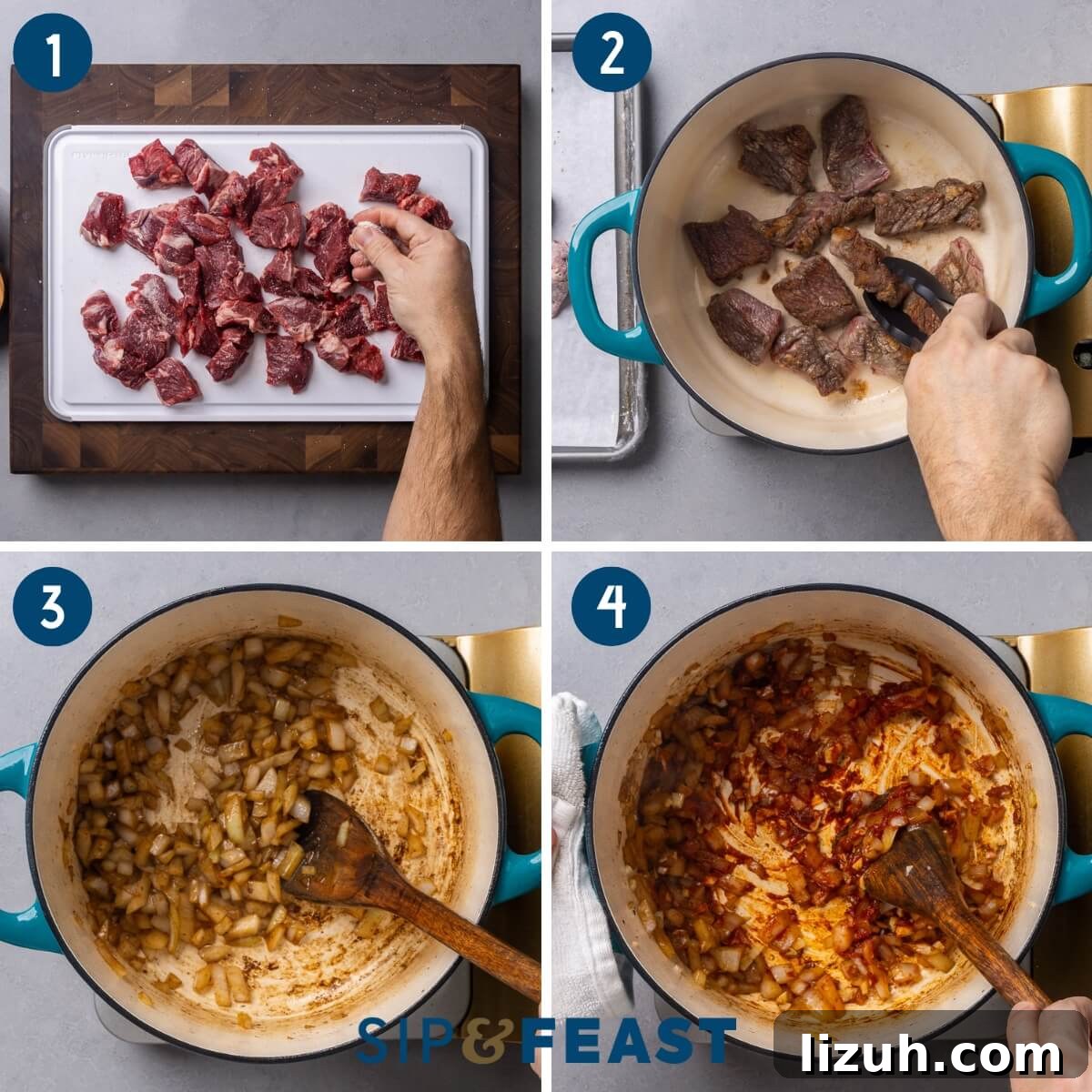 Sweet and Tangy Smothered Beef Tips Recipe 4 Smothered beef tips recipe process collage group one showing seasoning of cubed beef, searing the beef in Dutch oven, sauteing onions and garlic, and adding tomato paste to the pot.