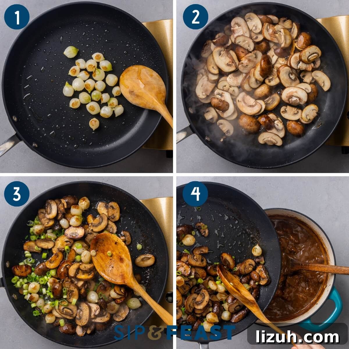 Sweet and Tangy Smothered Beef Tips Recipe 5 Process shot collage for searing pearl onions, then mushrooms, adding green onions, and adding the mushrooms to the pot of beef tips.