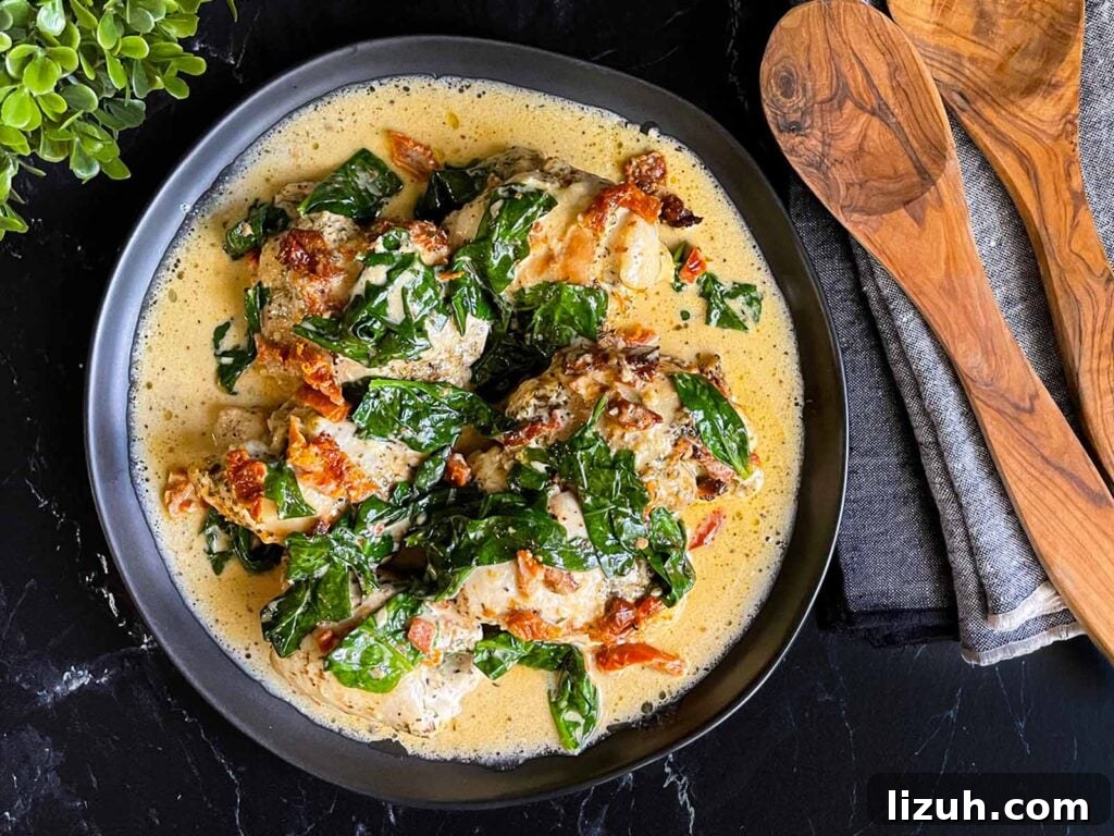 Classic Chicken Pot Pie Recipe: Flaky Crust and Creamy Filling 5 Slow Cooker Tuscan Chicken in a dark bowl on a dark surface.