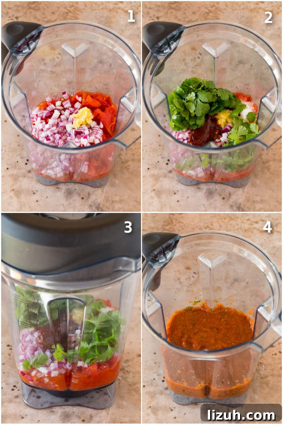 Authentic Chipotle Salsa Recipe for Smoky, Flavorful Dips 4 Step by step shots showing how to make chipotle salsa in a blender.