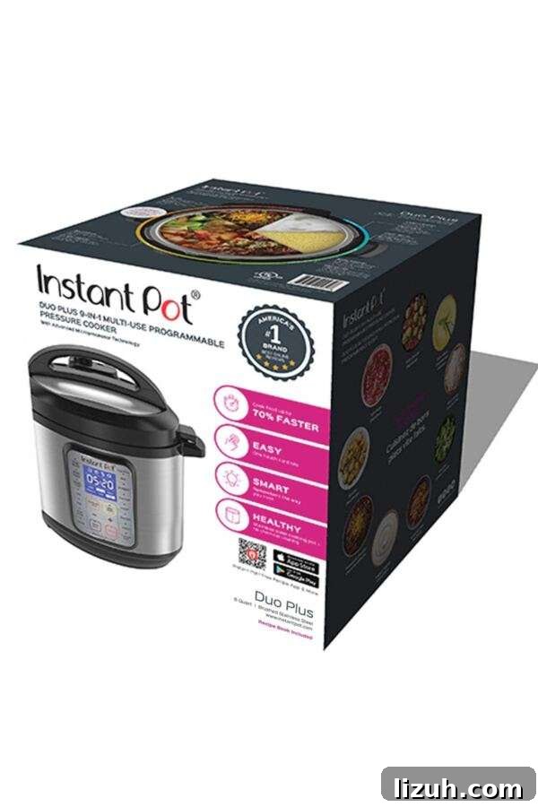 Instant Pot Duo Plus still wrapped in a box, ready to be unboxed and used.