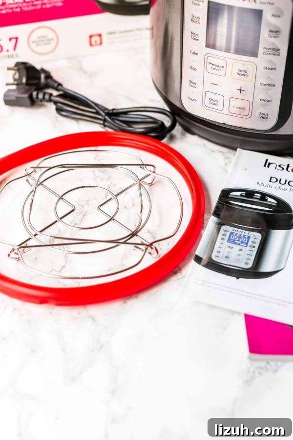 Trivet in place inside the Instant Pot with handles for easy lifting.