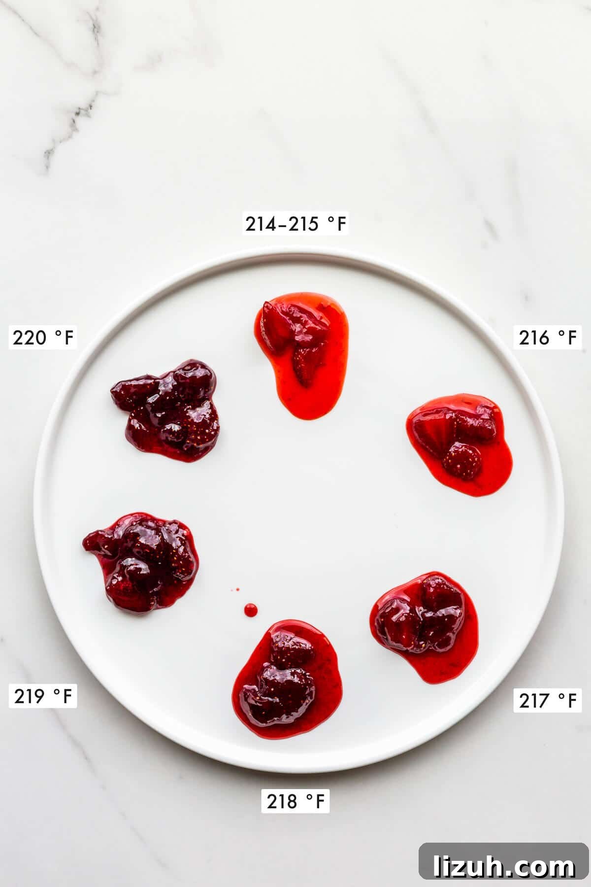 How to Tell When Jam Is Set: Simple Ways to Find the Perfect Jam Set 11 A palette of six dollops of homemade strawberry jam on a white plate. The samples were taken at different temperatures as the jam boiled on the stove so some are more set than others, which are runny.