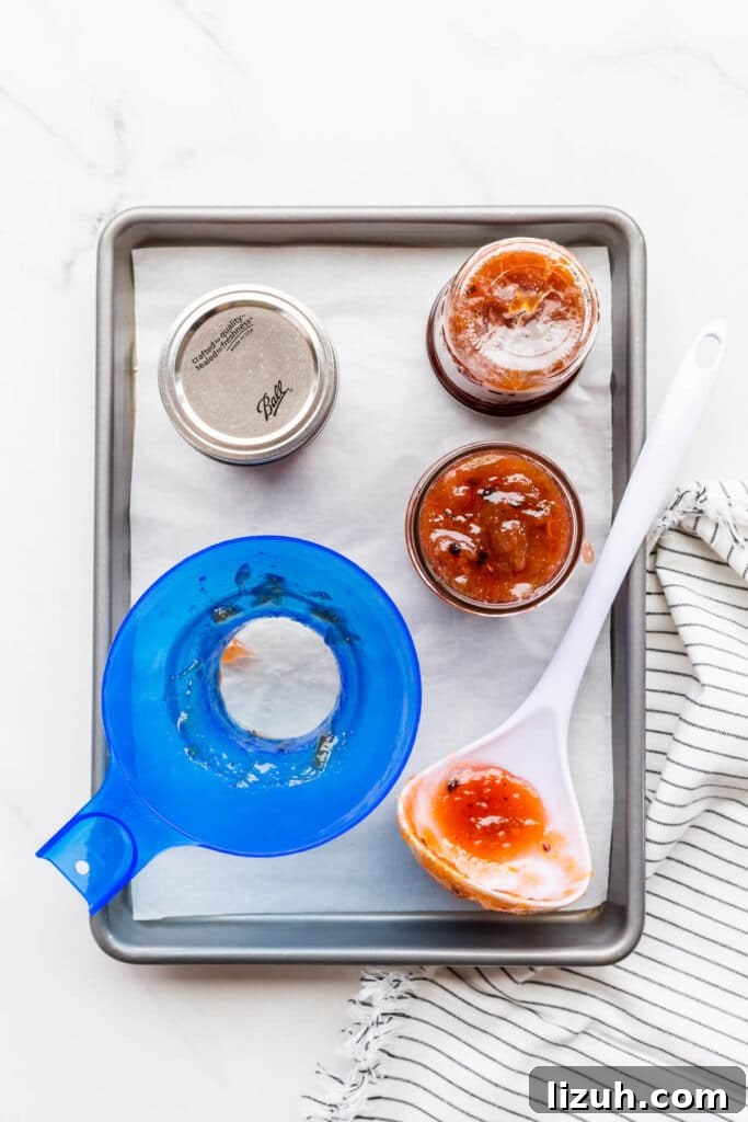 How to Tell When Jam Is Set: Simple Ways to Find the Perfect Jam Set 13 Filling sterilized jars with homemade jam using a blue non-reactive plastic funnel and a white ladle.