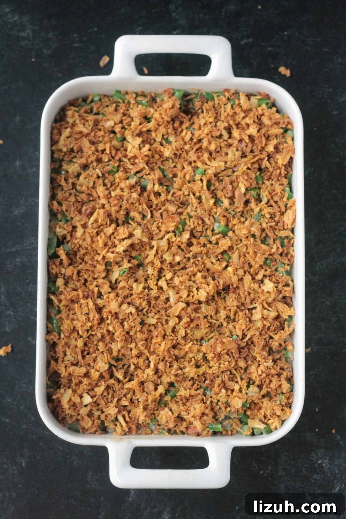 Crunch french onions covering the top of the recipe in a baking pan.