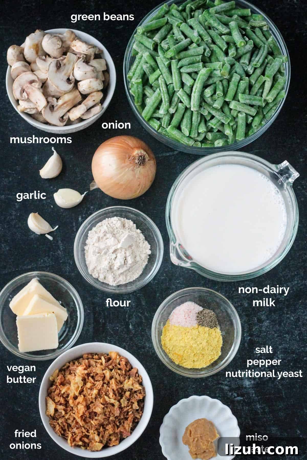 Recipe ingredients arrayed in individual bowls.
