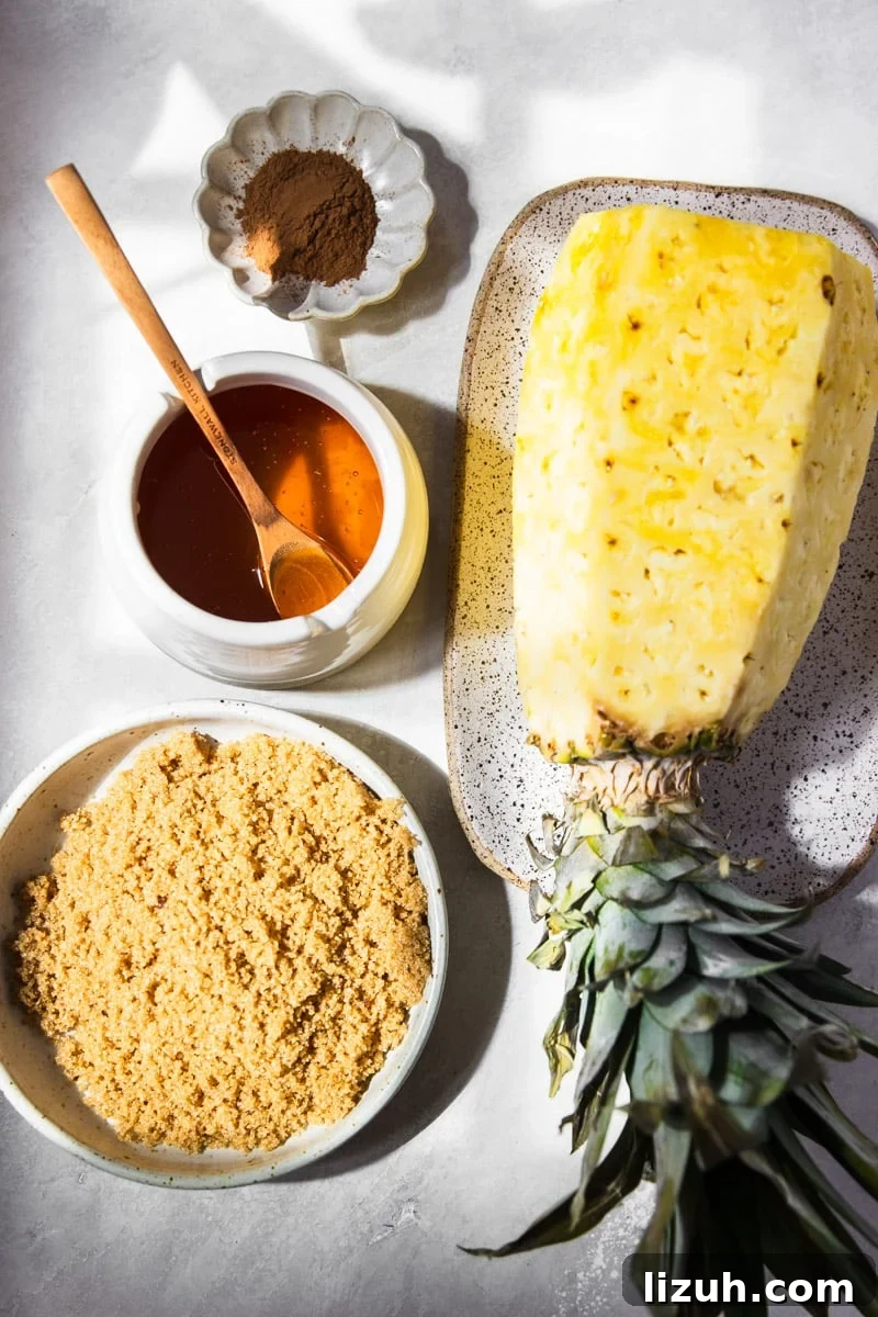Brazilian-Style Grilled Pineapple Recipe for Sweet Tangy Dessert 3 Grilled pineapple, cinnamon, brown sugar, and honey.