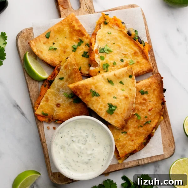 Loaded Tater Tot Nachos with Cheesy Beef and Jalapeños 14 An overhead image of veggie quesadilla on a serving board with a dip on the side.