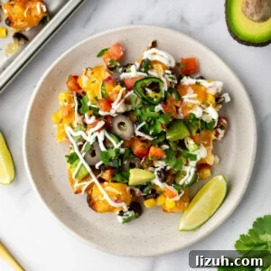 Loaded Tater Tot Nachos with Cheesy Beef and Jalapeños 15 An overhead image of tater tot nachos served on a plate.