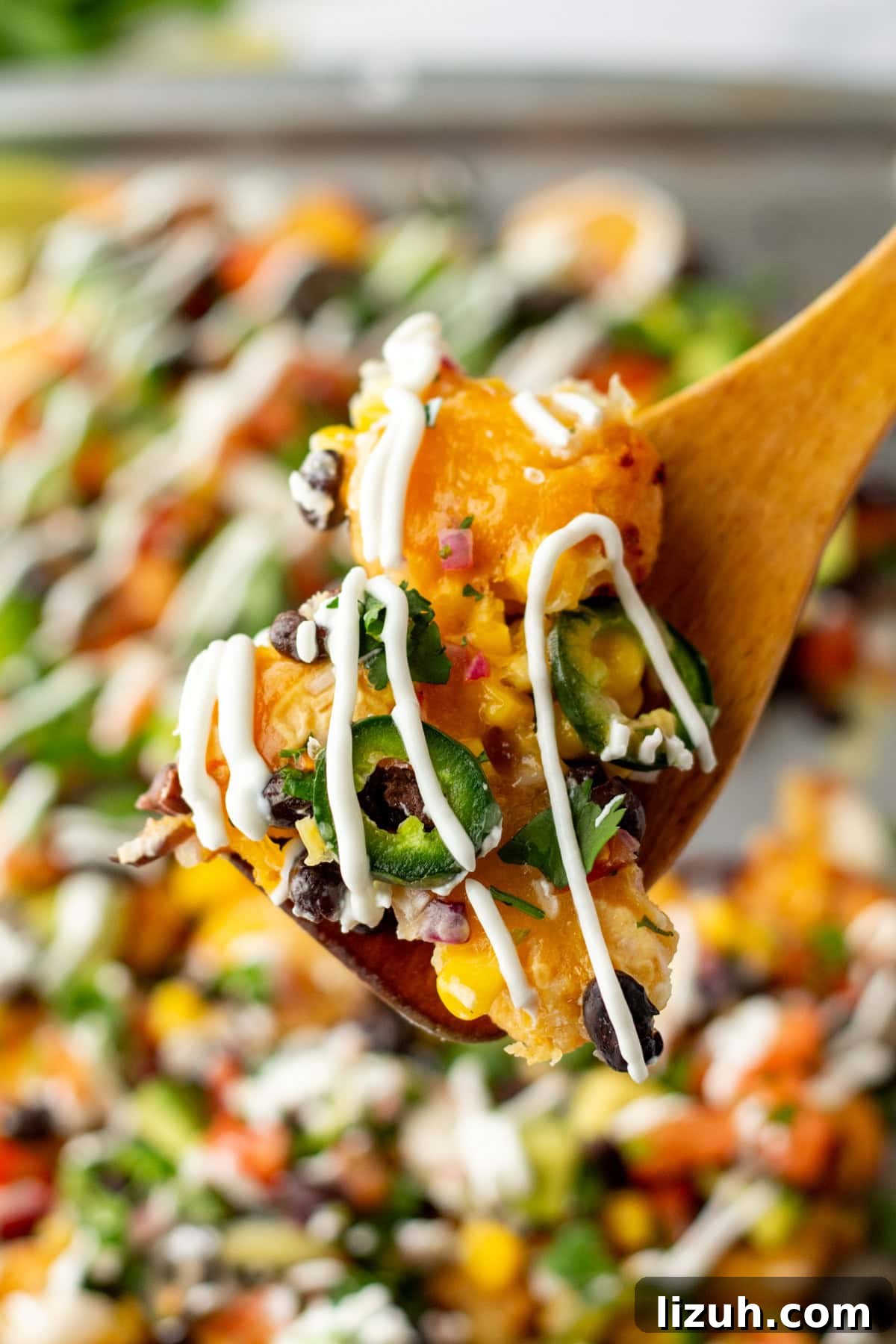 Loaded Tater Tot Nachos with Cheesy Beef and Jalapeños 9 Close up of tater tot nachos in a serving spoon