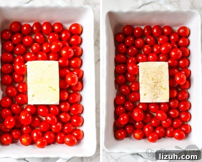 Baked Chicken and Feta Pasta TikTok Recipe 4 Cherry Tomatoes with block of feta cheese drizzled with olive oil in white casserole dish
