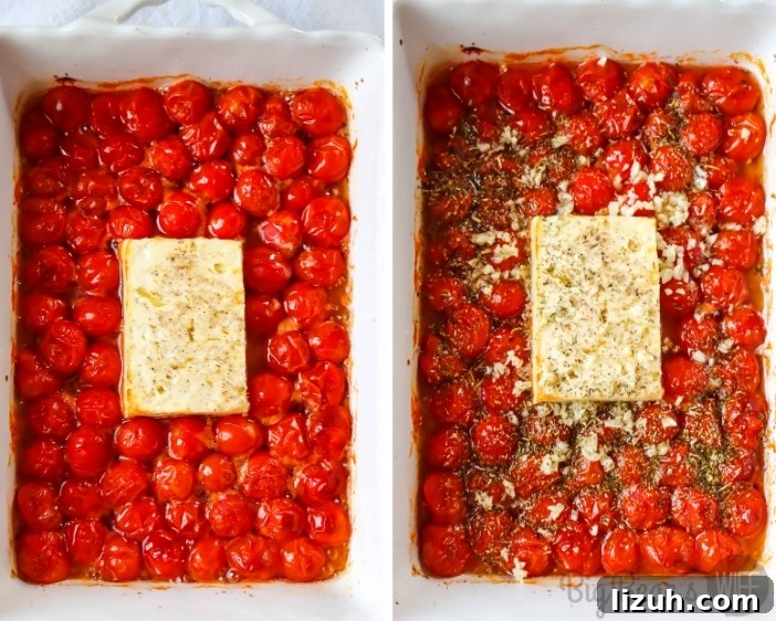 Baked Chicken and Feta Pasta TikTok Recipe 5 Roasted Cherry Tomatoes with block of feta cheese and seasonings