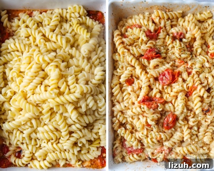 Baked Chicken and Feta Pasta TikTok Recipe 7 Adding pasta to sauce and mixing together