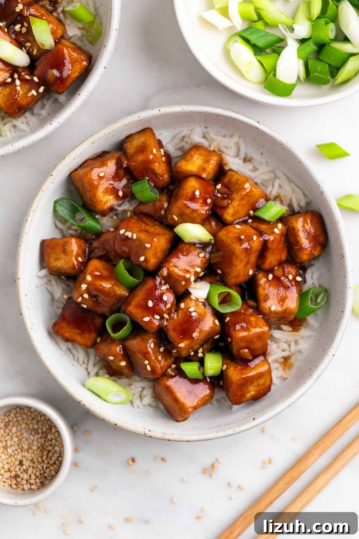 29 Authentic Vegan Chinese Recipes for Flavorful Plant-Based Meals 27 Bowl of Mongolian tofu over rice topped with sesame seeds and scallions.