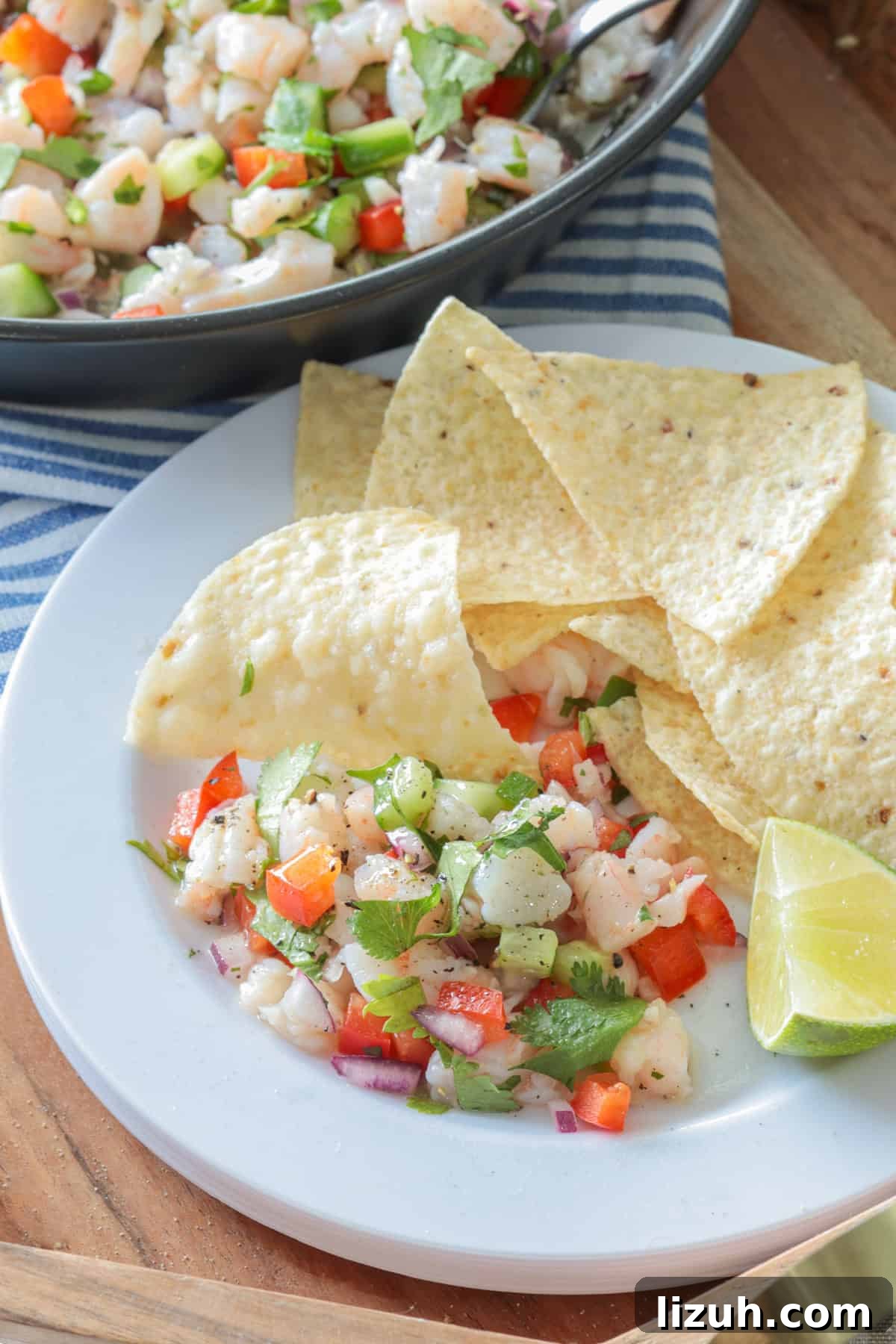 Shrimp ceviche on a white plate with tortilla chips.