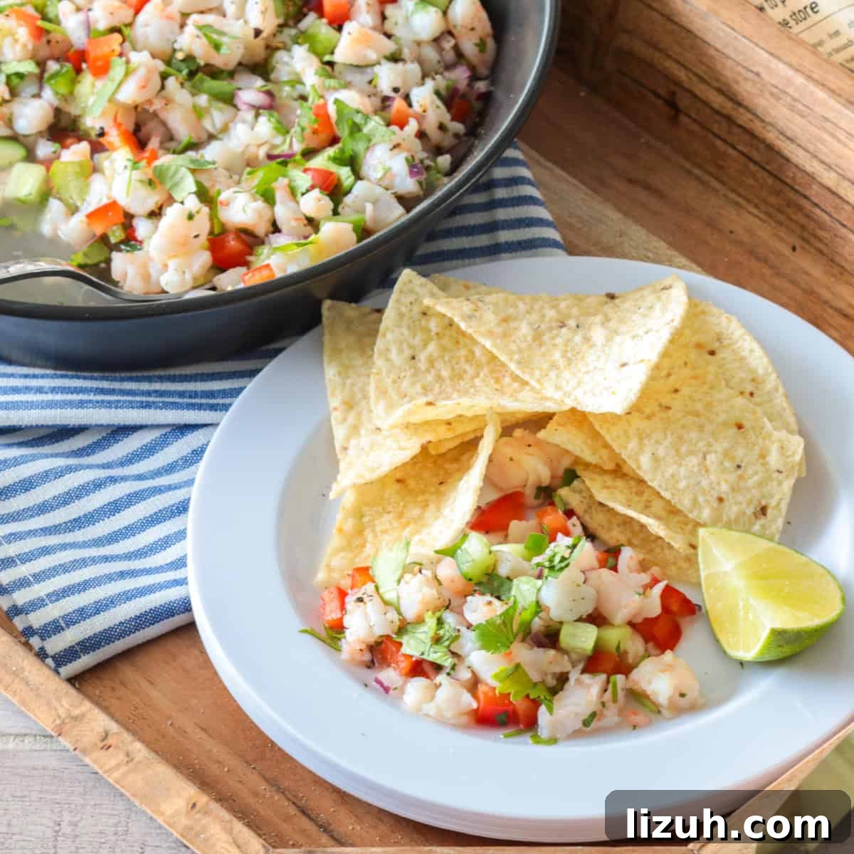 Shrimp ceviche in a bowl with chips.