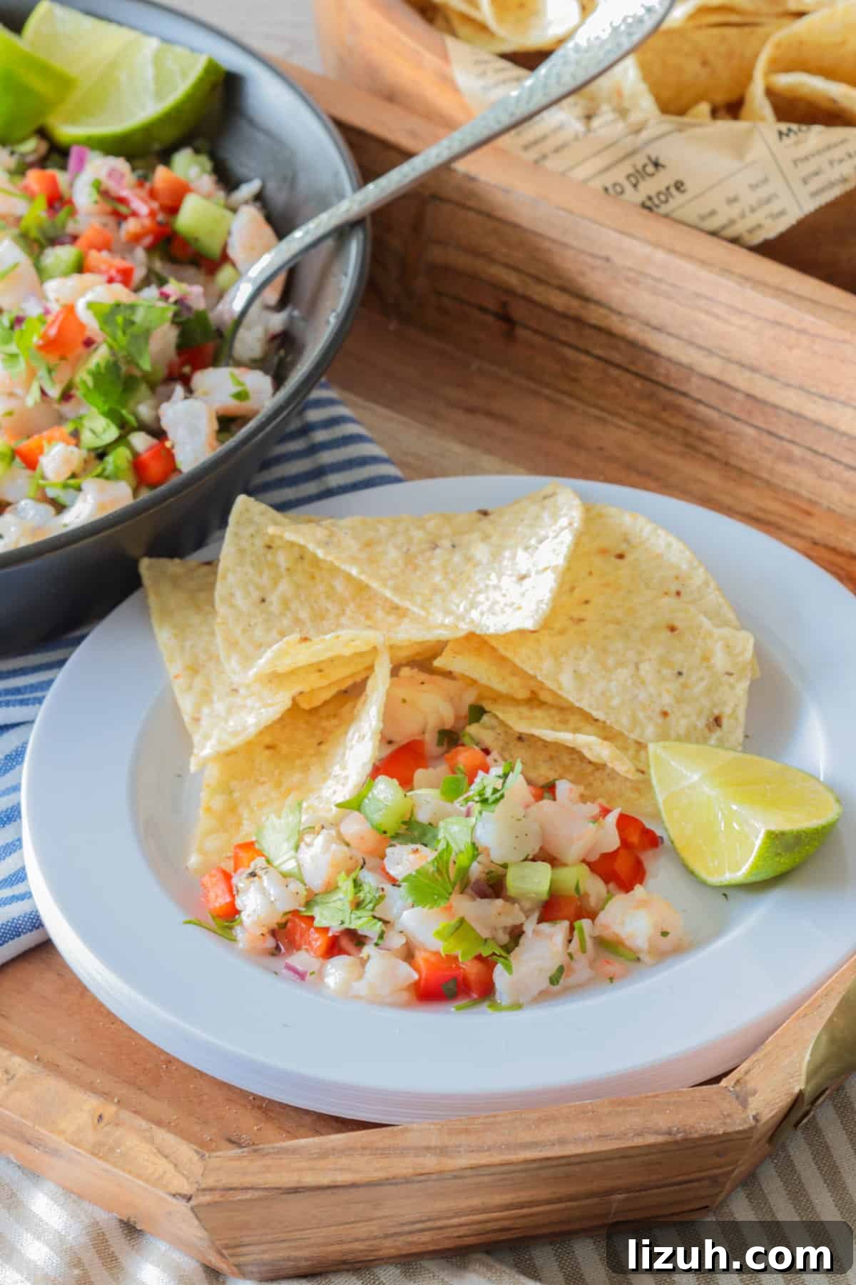 Shrimp ceviche with cilantro, jalapeno, onion, pepper and cucumbers on a plate.