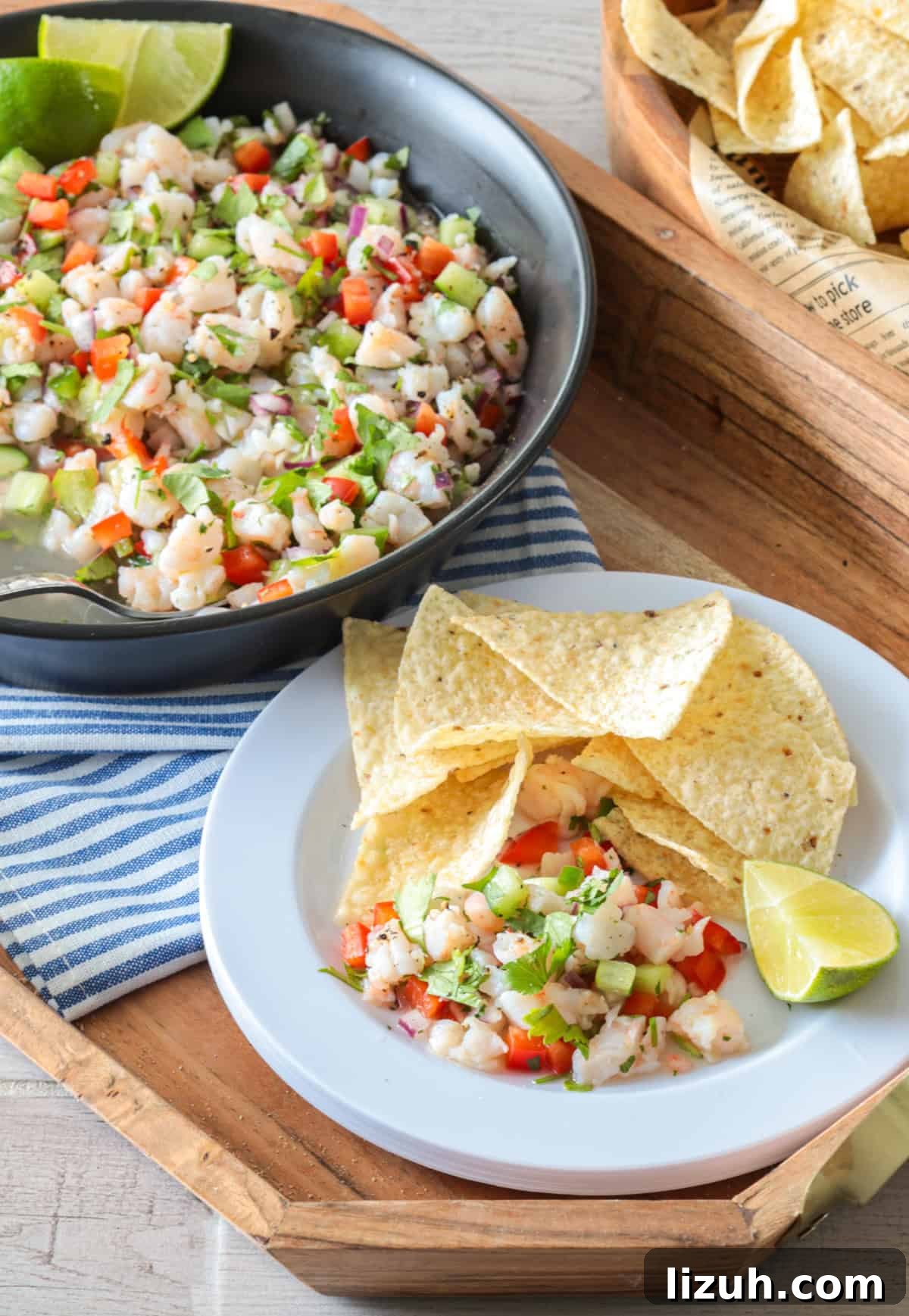 Ceviche on a plate with tortilla chips for an appetizer.