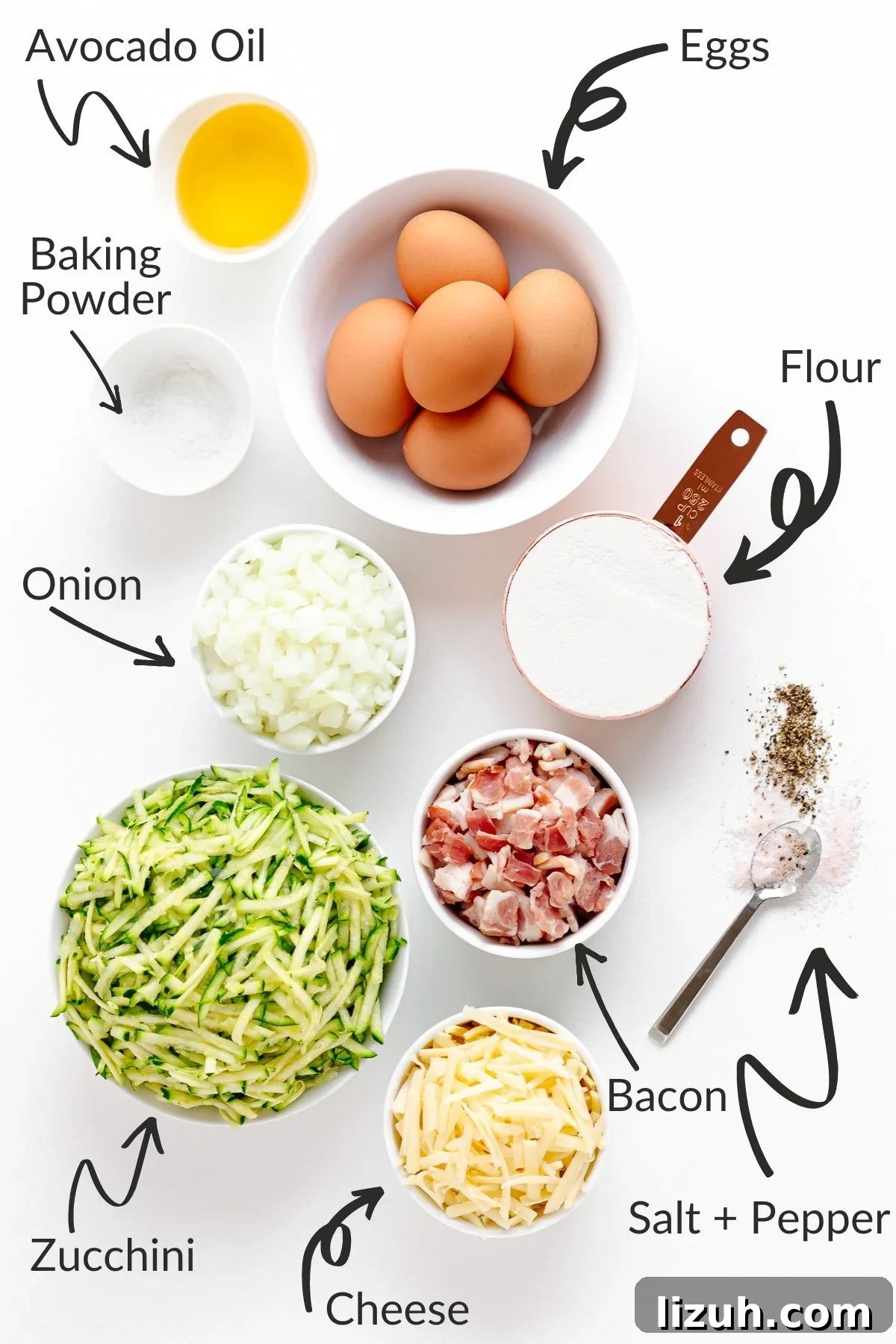 Savory Zucchini Slice Recipe with Cheesy Herb Crust 4 Labelled image of ingredients needed to make zucchini slice.