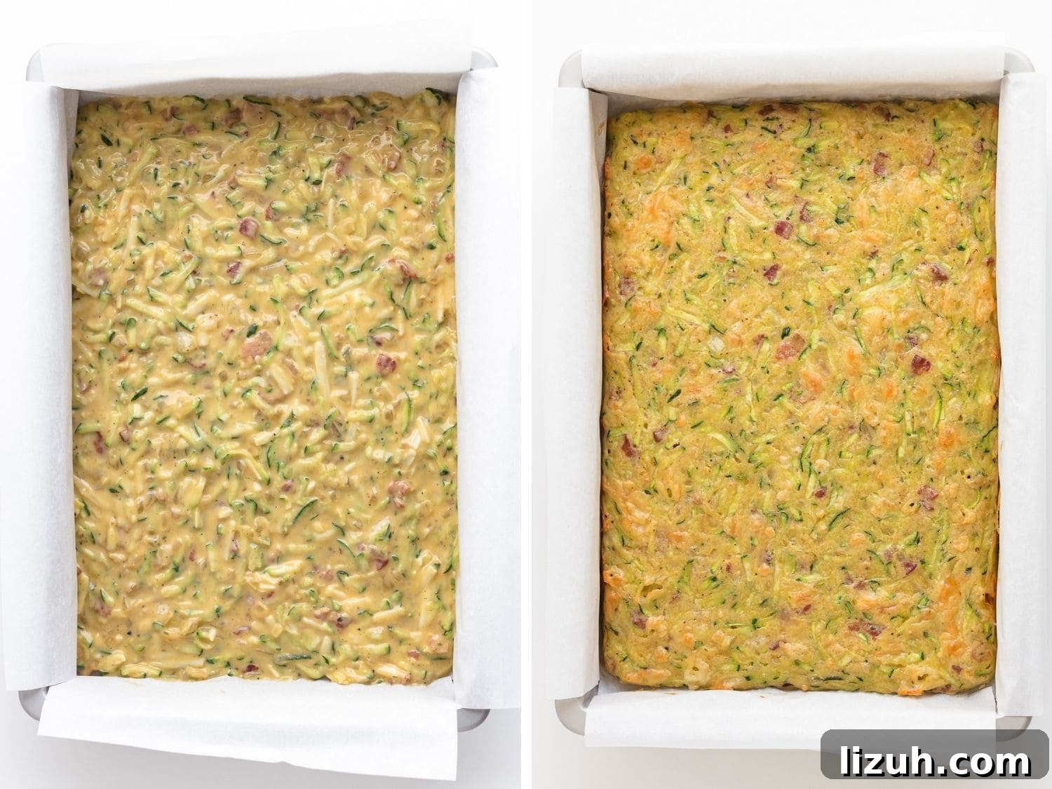 Savory Zucchini Slice Recipe with Cheesy Herb Crust 8 Collage of zucchini slice in baking pan before and after baking.