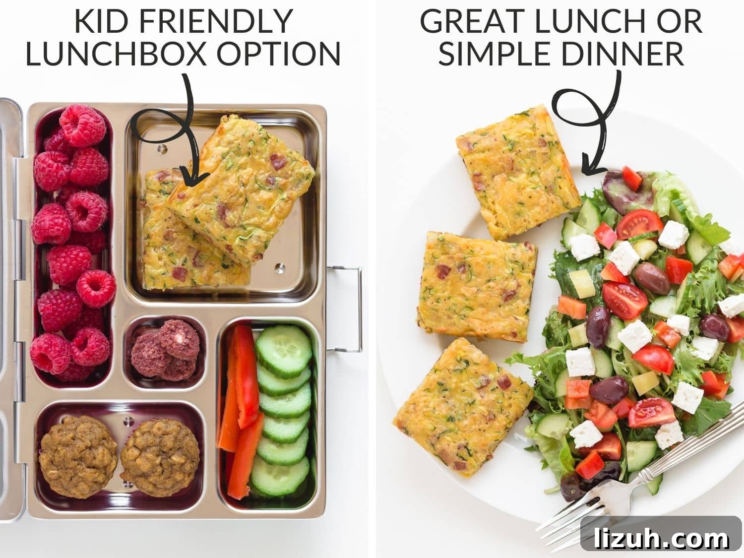 Savory Zucchini Slice Recipe with Cheesy Herb Crust 10 Graphic showing two ways to serve zucchini slice: in a lunchbox and next to a salad on a white plate.