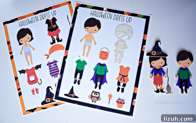 Printable Halloween Paper Dolls: DIY Costume Cutouts for Kids 4 Printable Halloween Dress Up Dolls- these are adorable to use for the holidays! via www.thirtyhandmadedays.com