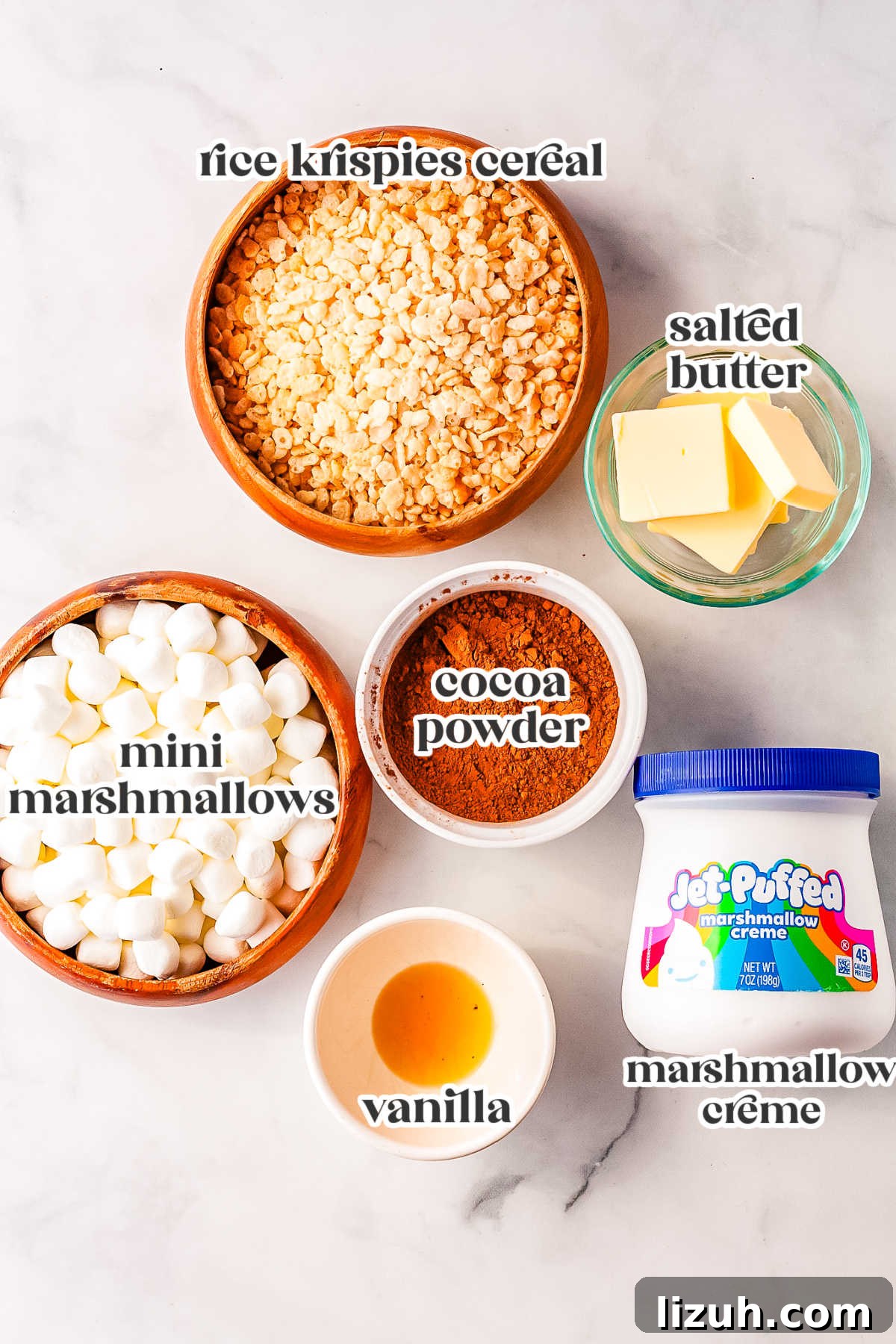 Thick Chewy Chocolate Rice Krispies Treats Recipe 4 The Chocolate Rice Krispes Treats ingredients with text overlay labeling each.